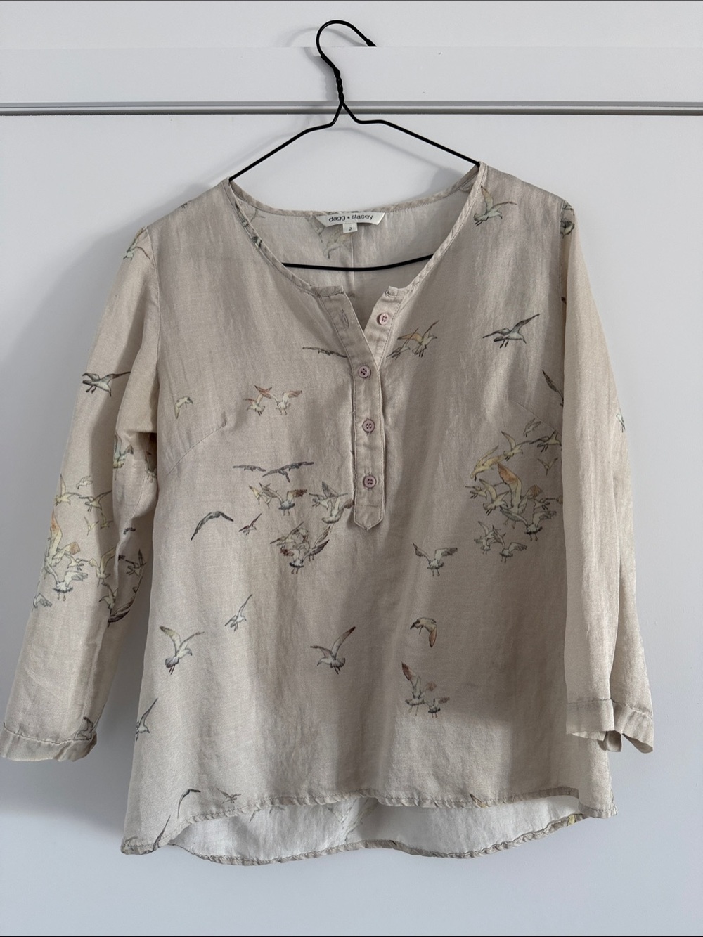 Neutral Beige Bird-Print Henley Blouse